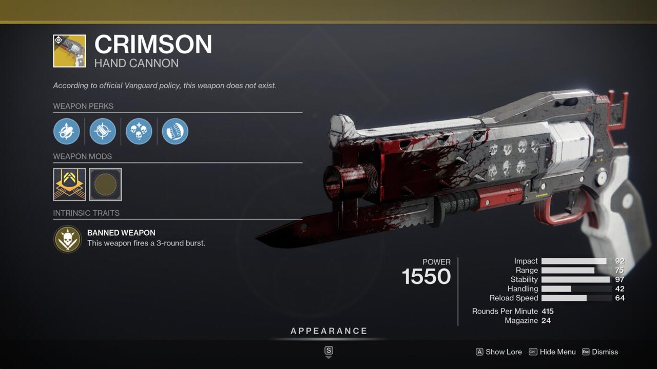 A three-round burst of bullets that also heal you on kills make Crimson an excellent Crucible option.