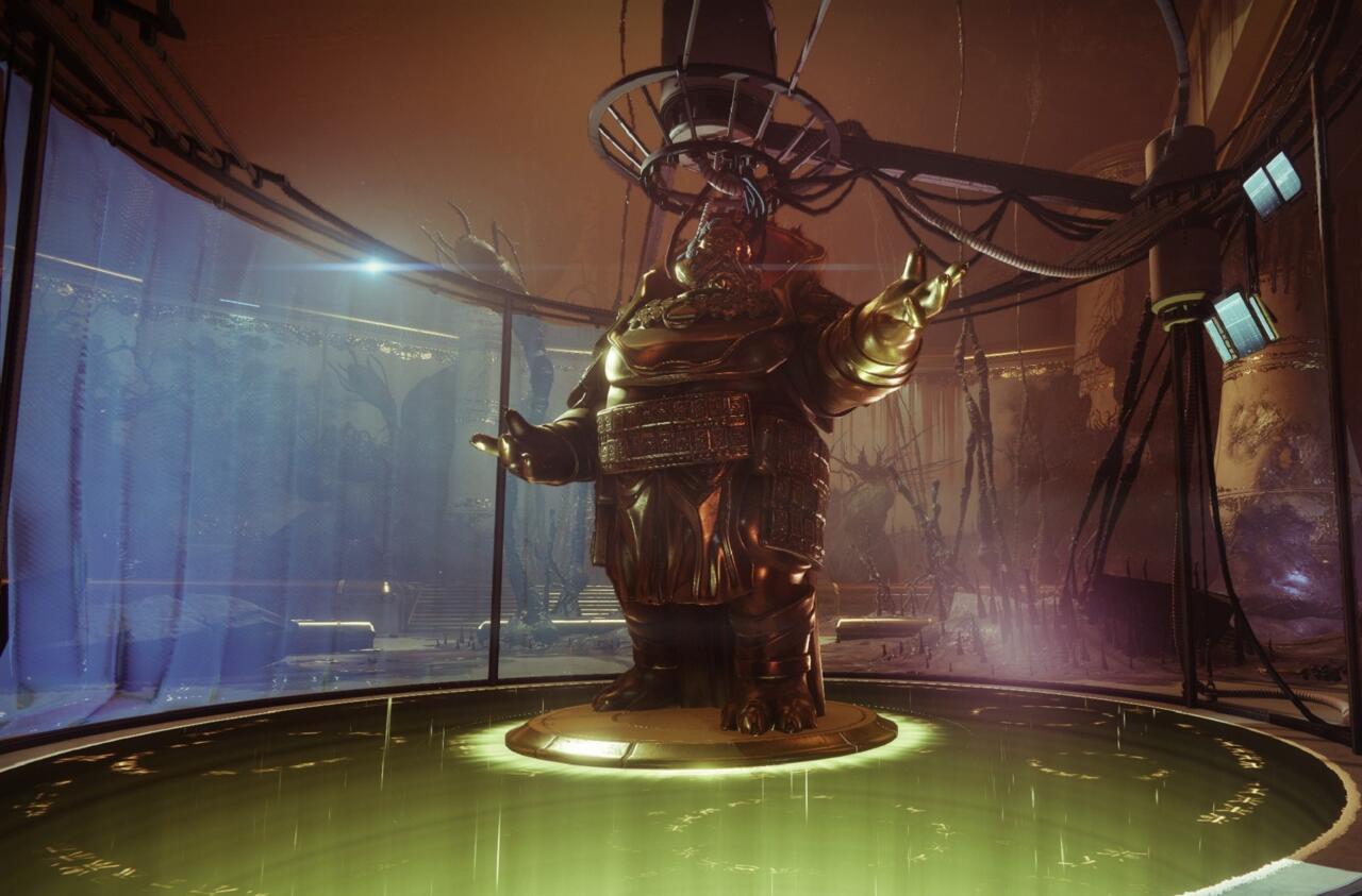 The entrance to the Duality dungeon is beneath this statue--the dungeon is actually inside the mind of Calus.