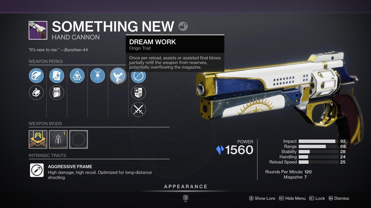 The Dreamwork trait is supposed to overload your hand cannon when you get assists, but it can overload your other guns too.