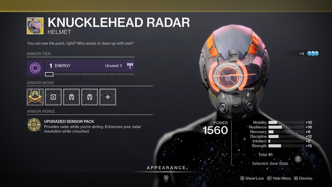 If you don't have another Exotic your build needs (and you're not defaulting to Wormhusk Crown), Knucklehead Radar can be a very fun PvP Exotic.