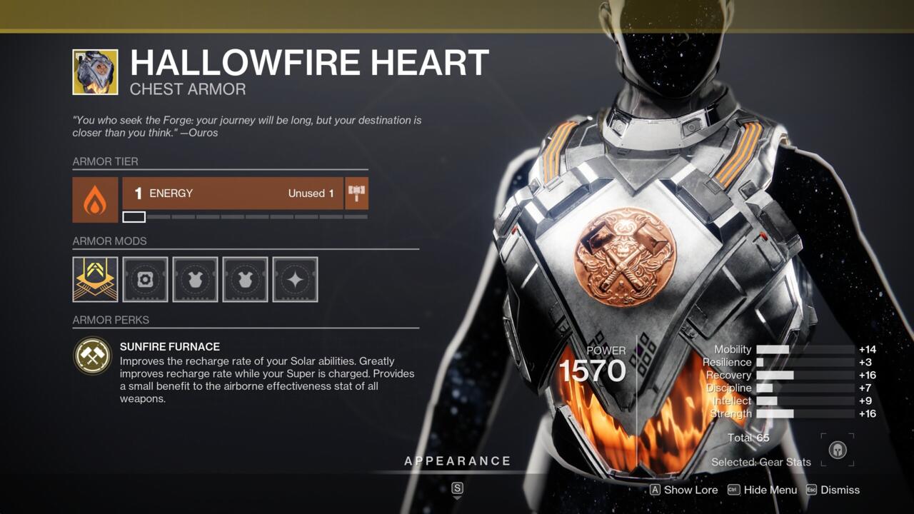 Power up your Solar builds (if you're not using Loreley Splendor) with Hallowfire Heart.