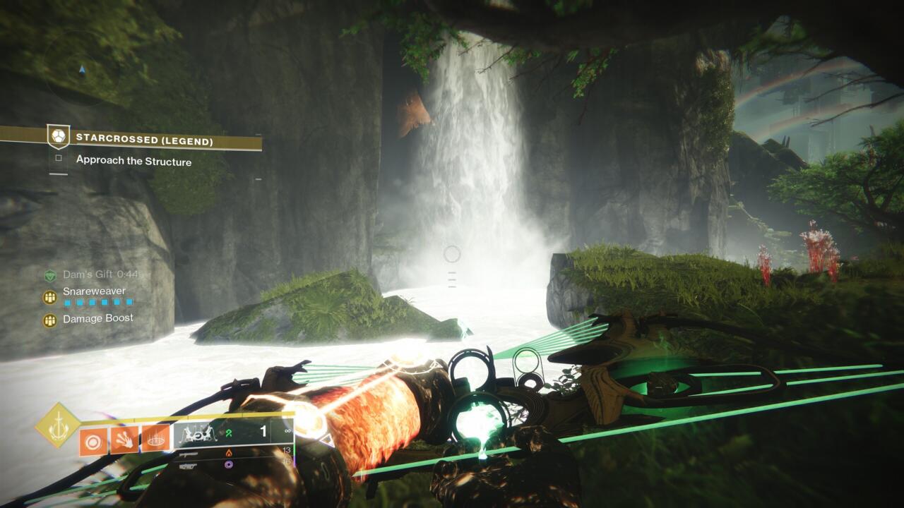 Use the Dam's Gift buff to enter the orange mist in the cave to find the hidden chest.