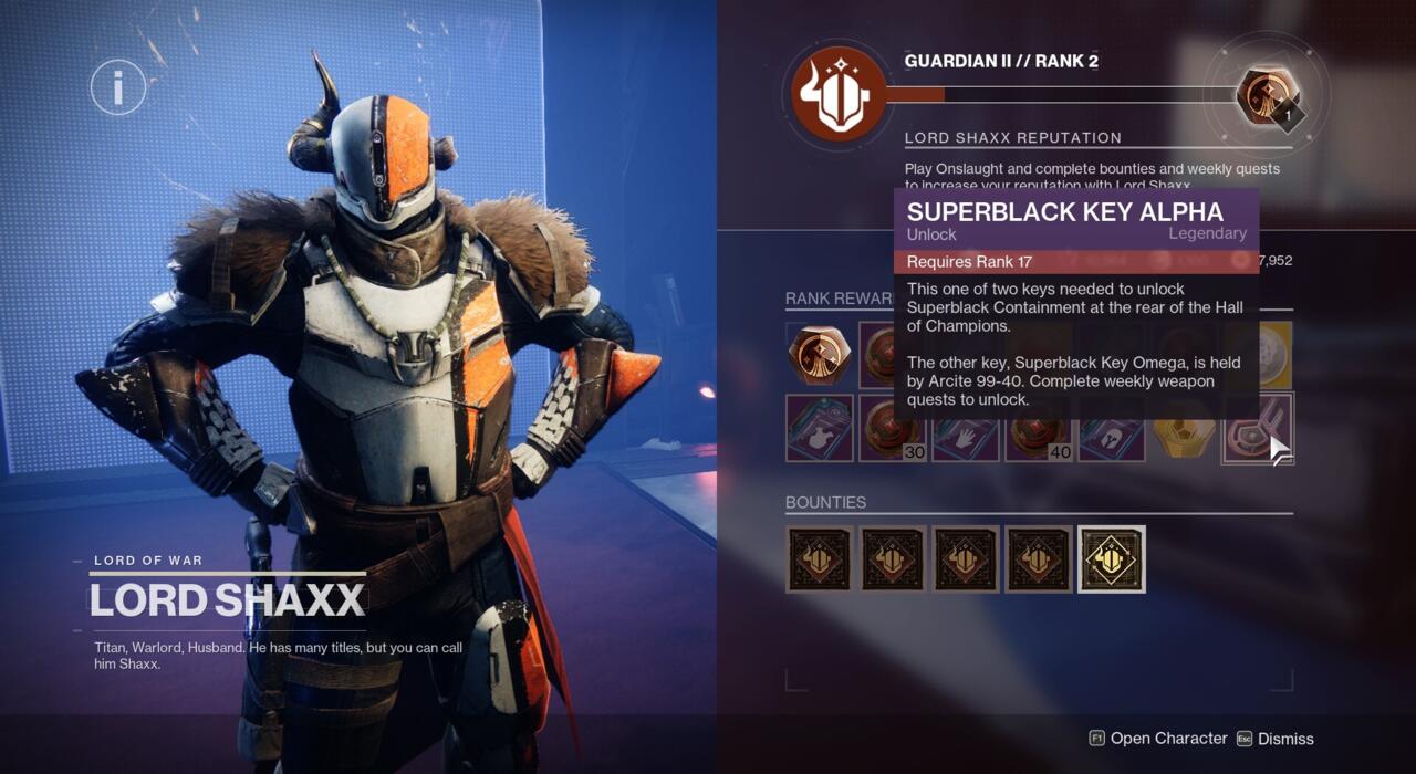 Shaxx's key requires you to max out your fame within the Onslaught task.