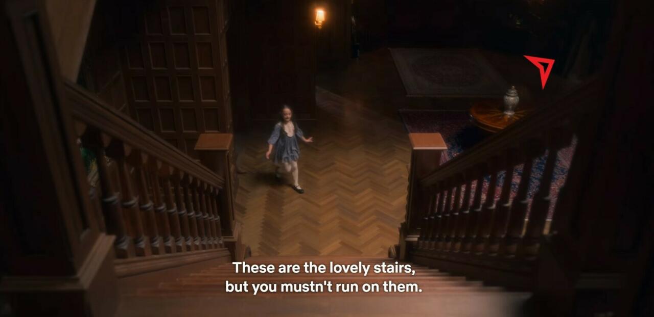 2.) Episode 1, 20:52, upper righthand corner as Flora says "these are the lovely stairs."