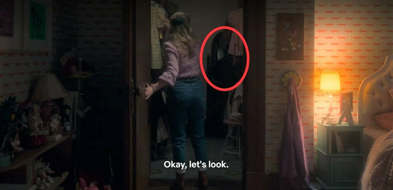 18.) Episode 1, 47:15, reflected in the closet mirror, but only visible from the outside perspective