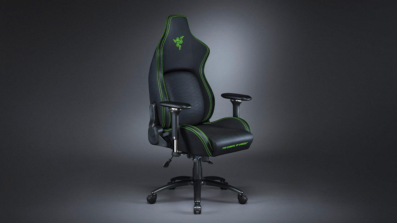 The Iskur gaming chair is black with Razer's signature green accents.
