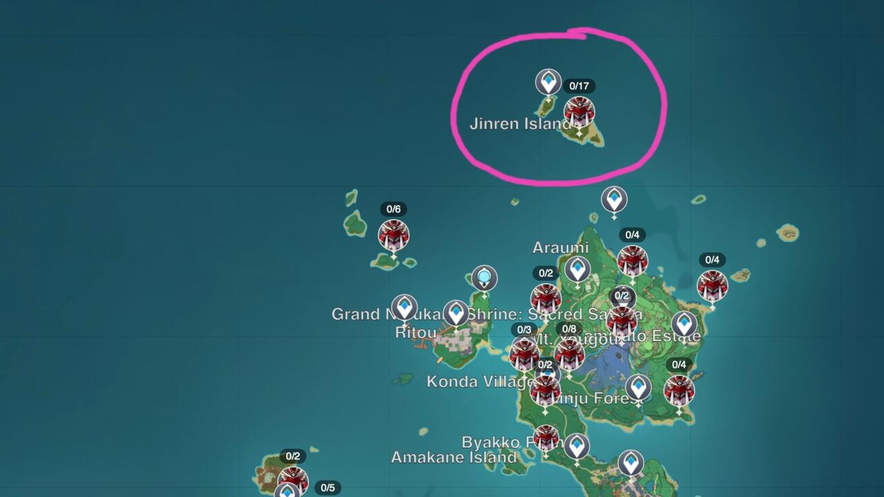 Locația de agricultură recomandată de mână-Insula Jinren. Credit foto: harta interactivă Teyvat