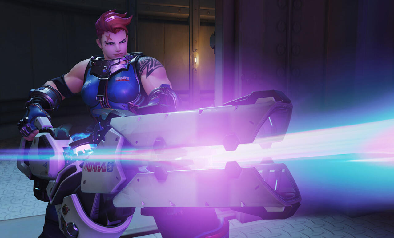 Zarya wields the Particle Cannon, a powerful beam weapon.