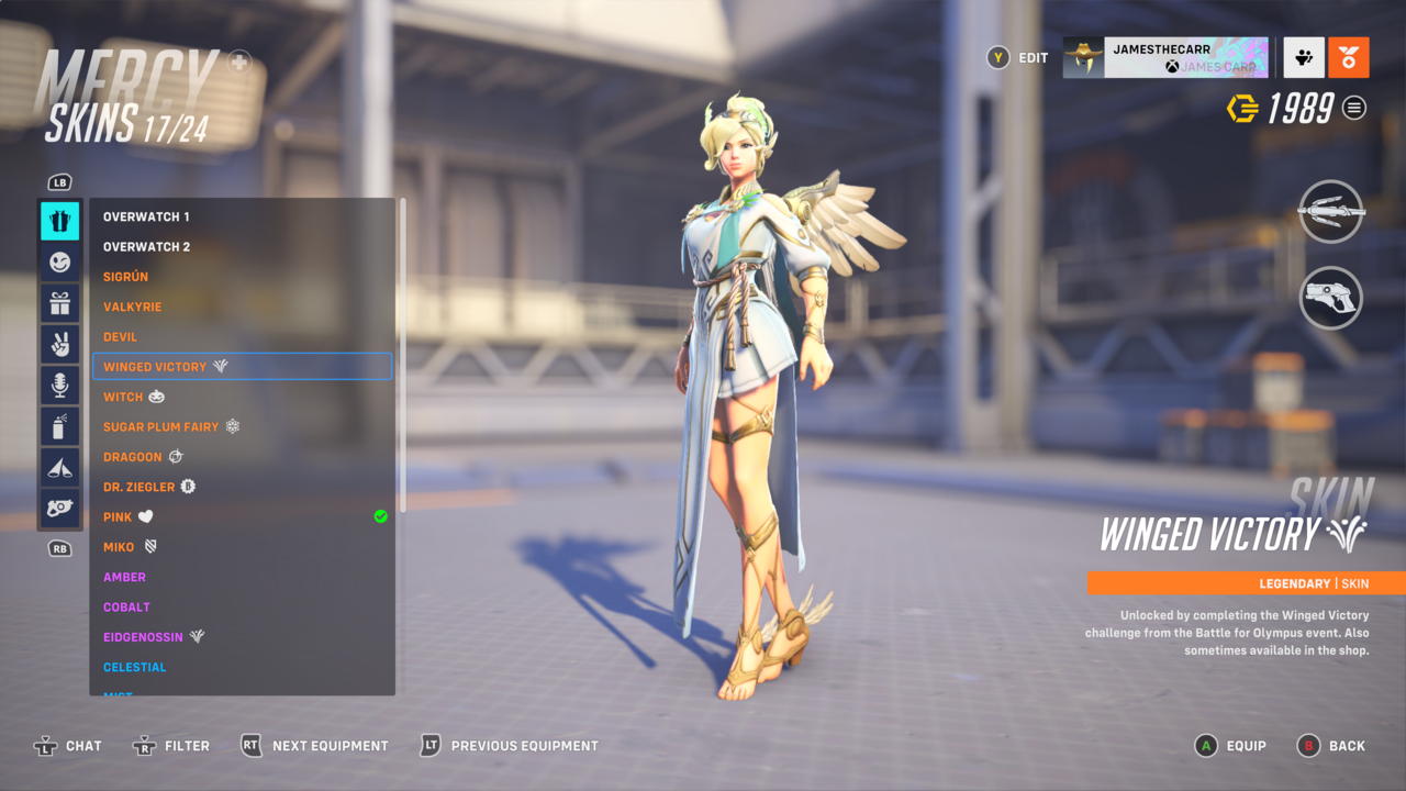 The Winged Victory Mercy can be earned early by completing six of the other 17 challenges.