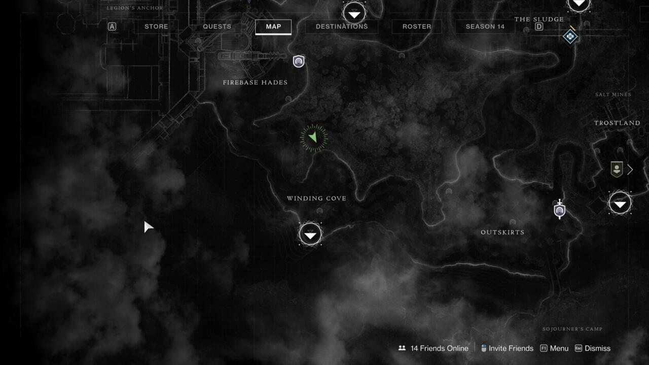 Xur's location in the Winding Cove.