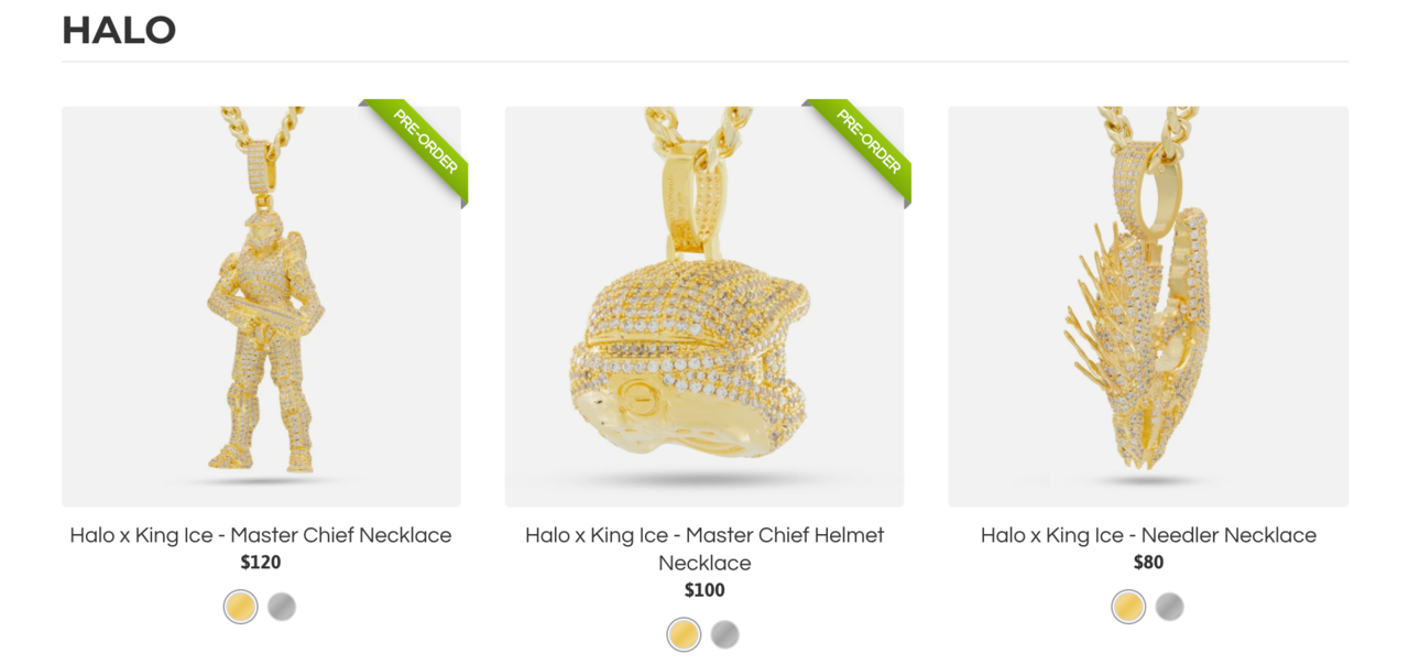 Three Halo x King Ice collection pieces available on the website