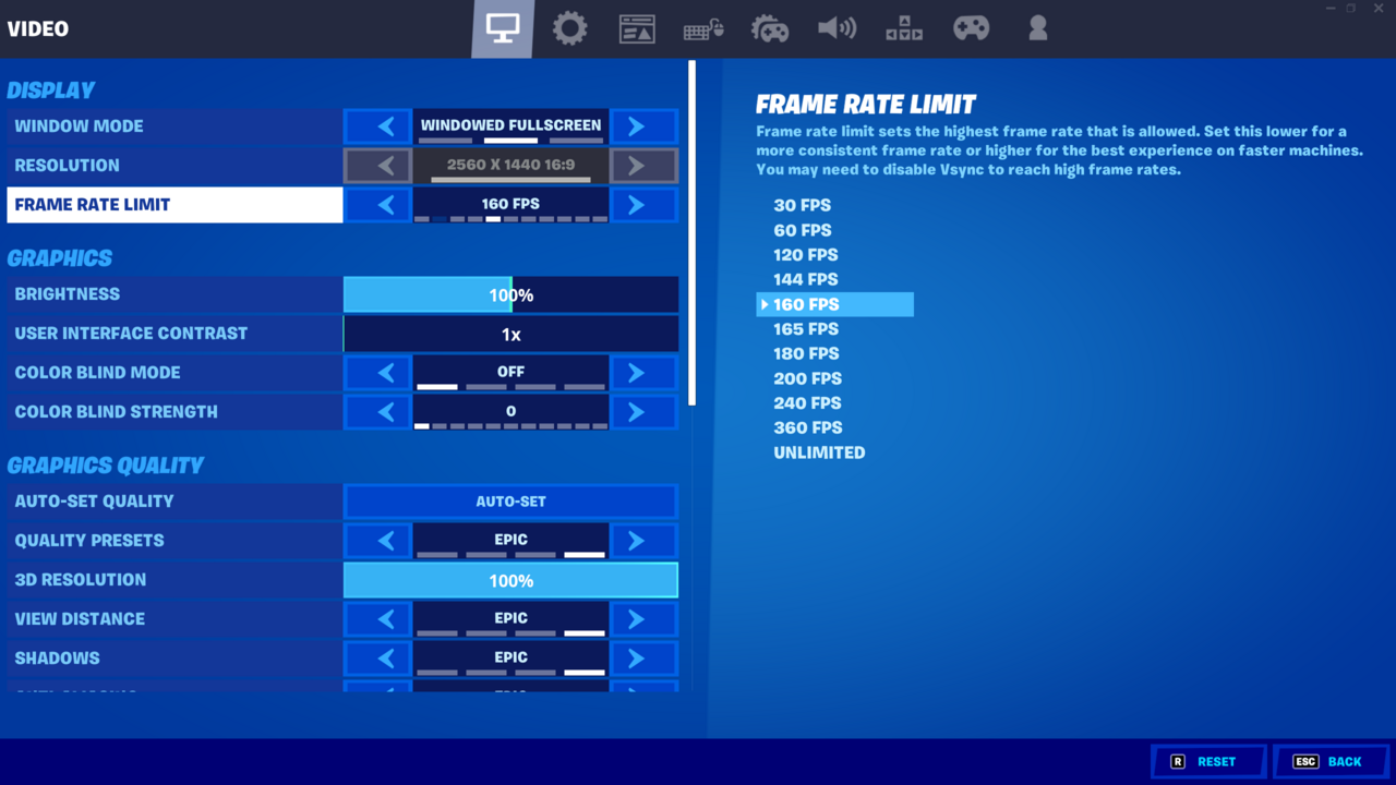PC players have a wide range of Fortnite frame rate options.