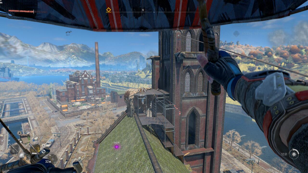 Save yourself a lot of time by gliding over to the roof instead of climbing to it.