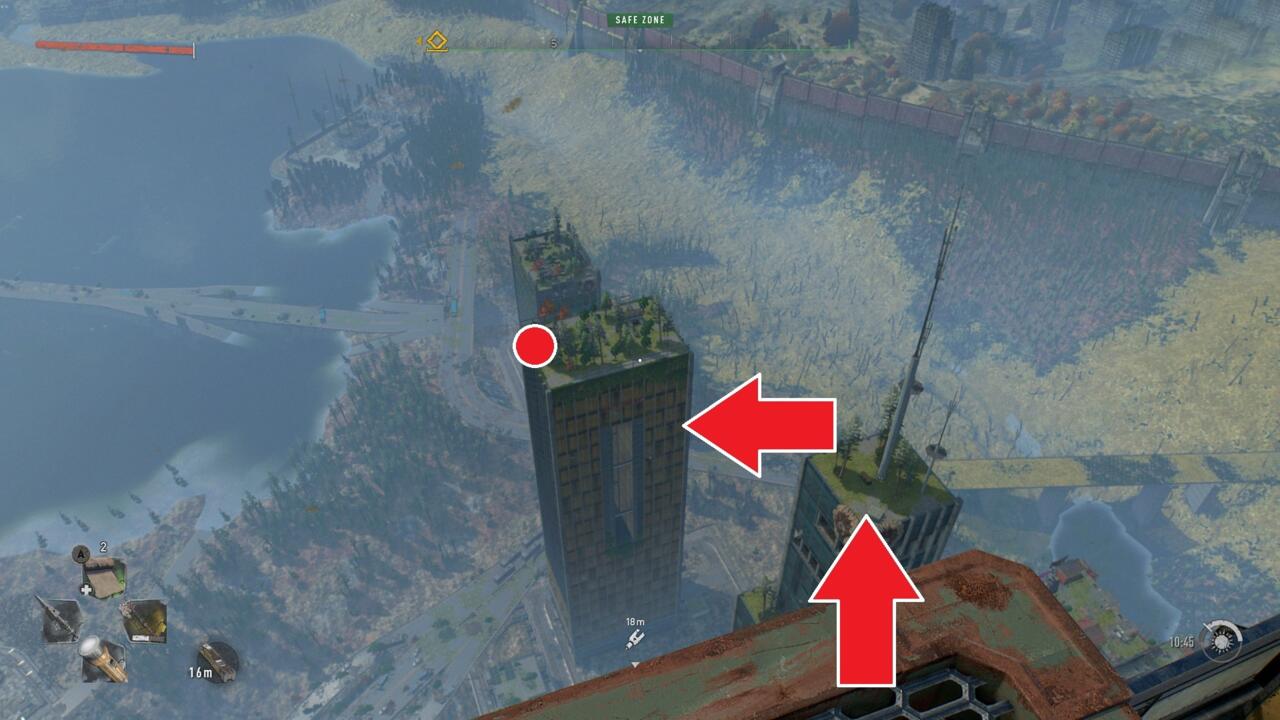 In this image, you can see how you're meant to jump from building to building before you find the NPC waiting at the circle marker.