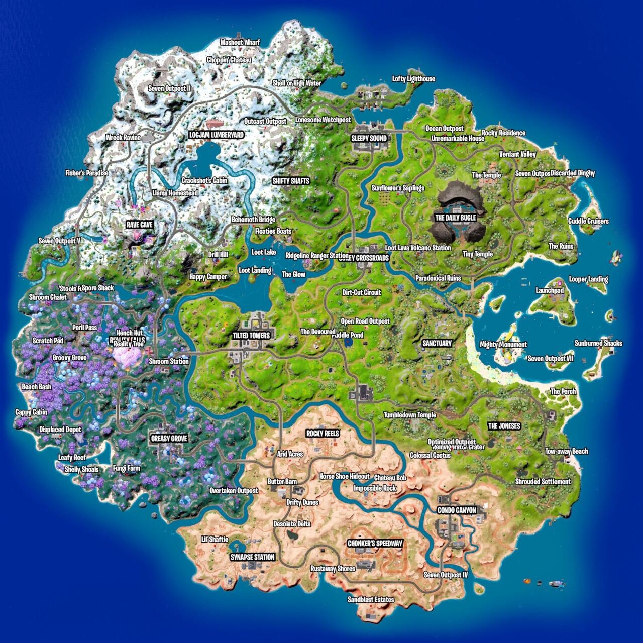 A map of all Fortnite POIs and Landmarks (click to enlarge)