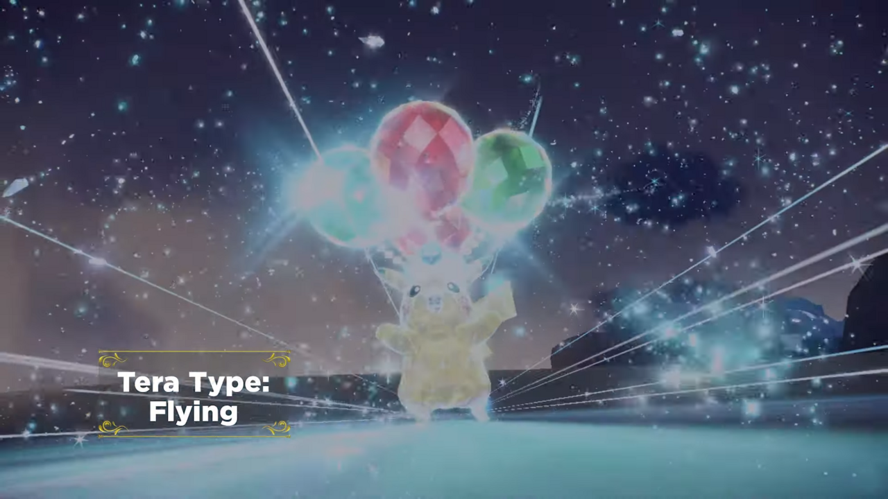 A crystallized Pikachu with balloons attached to its chest.