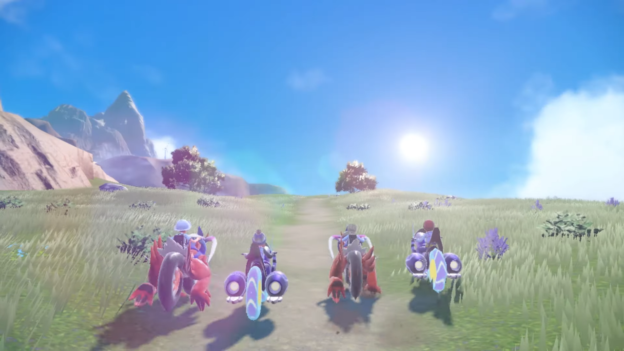 Four Pokemon trainers atop their legendary Pokemon bike.