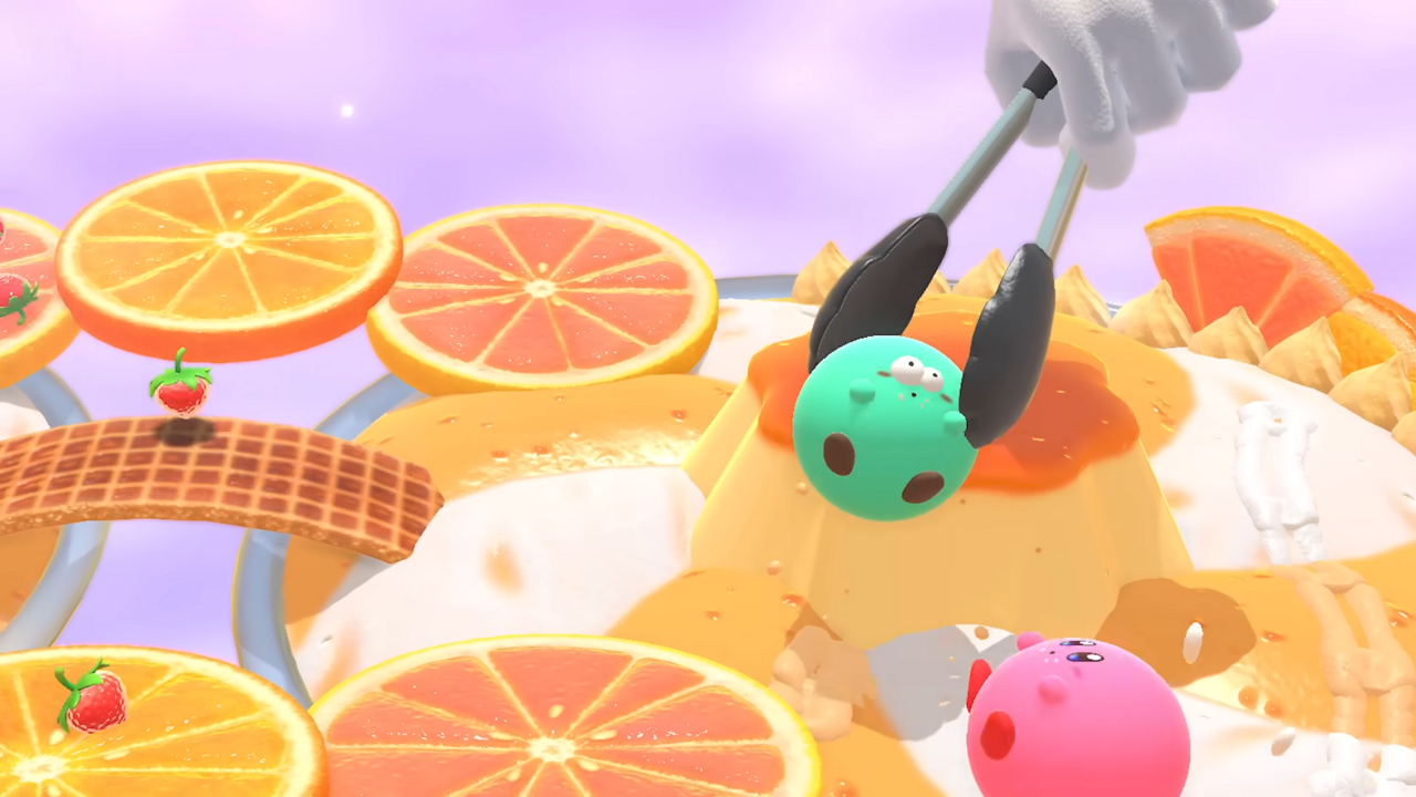 A teal Kirby being scooped up by a pair of tongs during a mini-game.