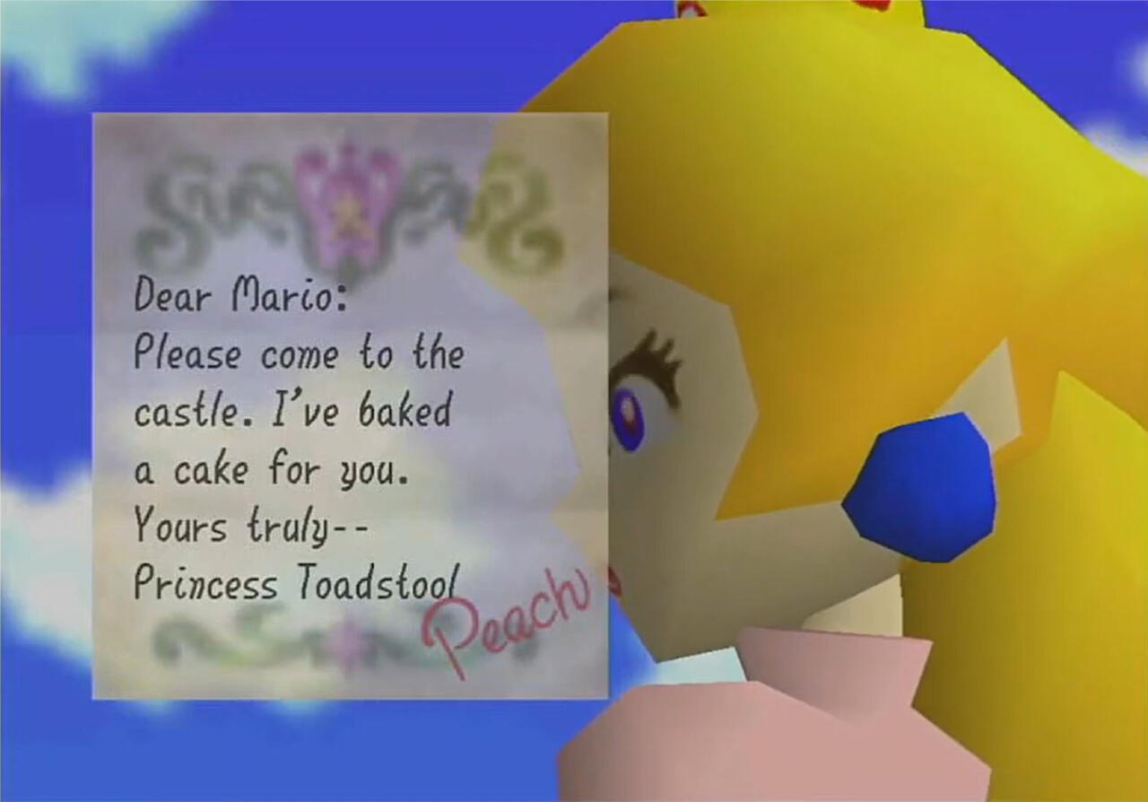 Nota da princesa Peach para Mario em Super Mario 64.