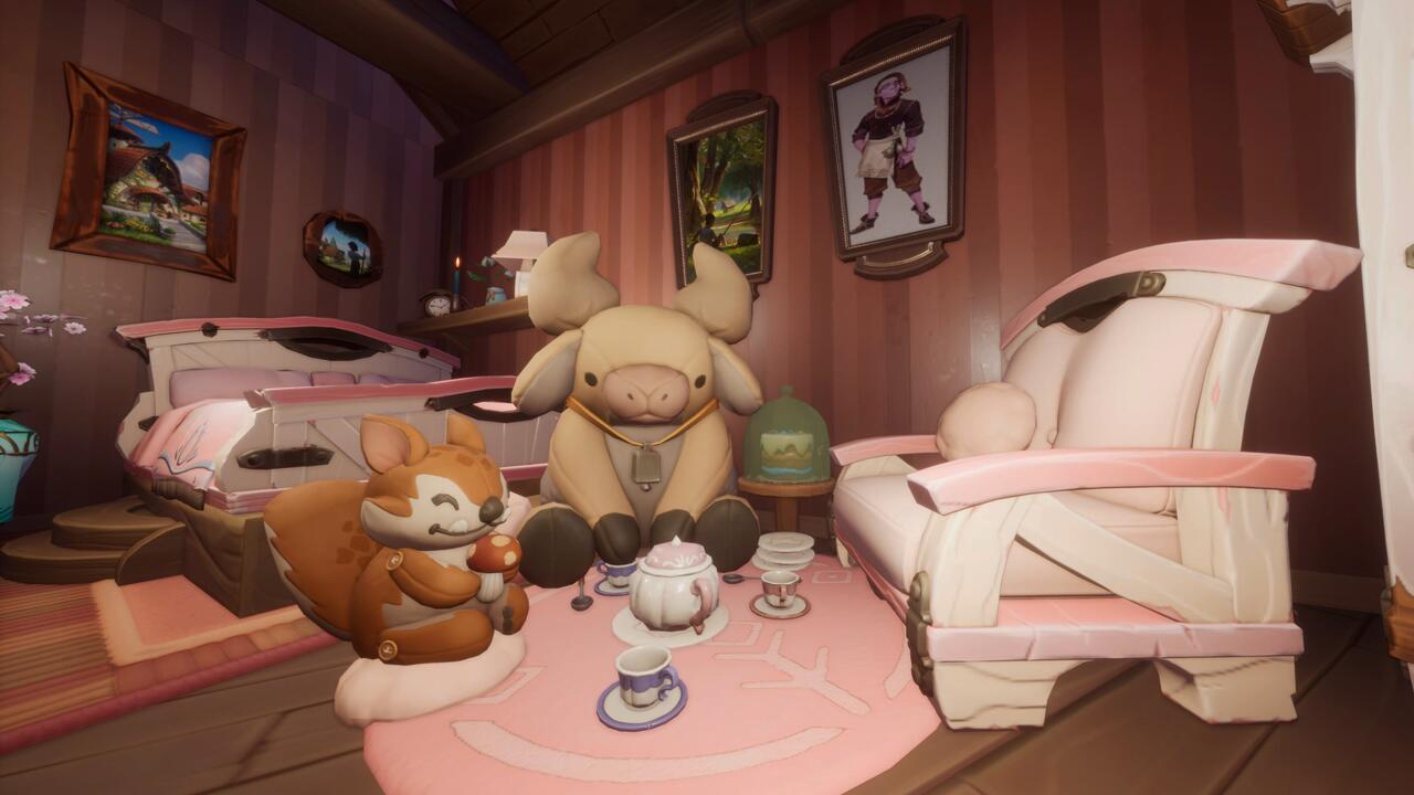 A pink house interior complete with plushies drinking tea.