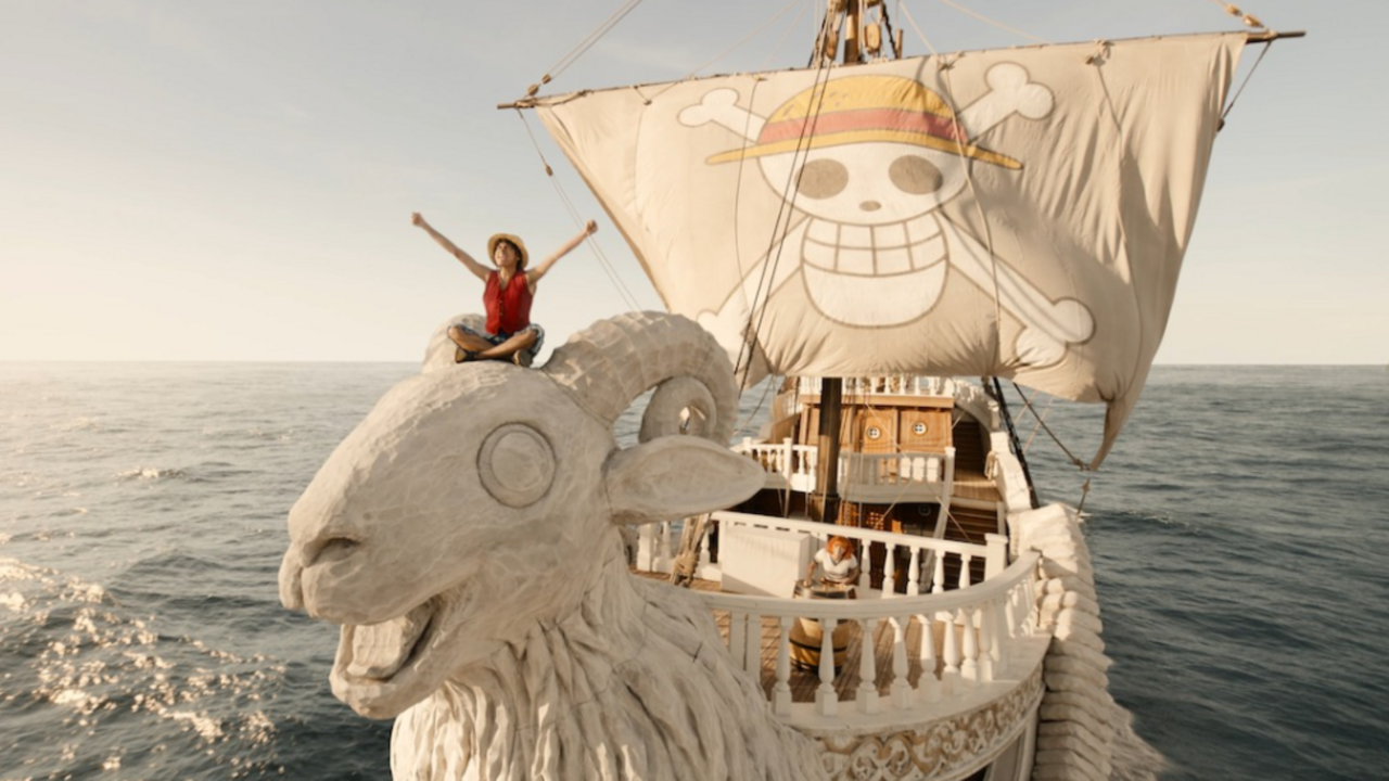Luffy cheers aboard the Straw Hat's ship, The Going Merry