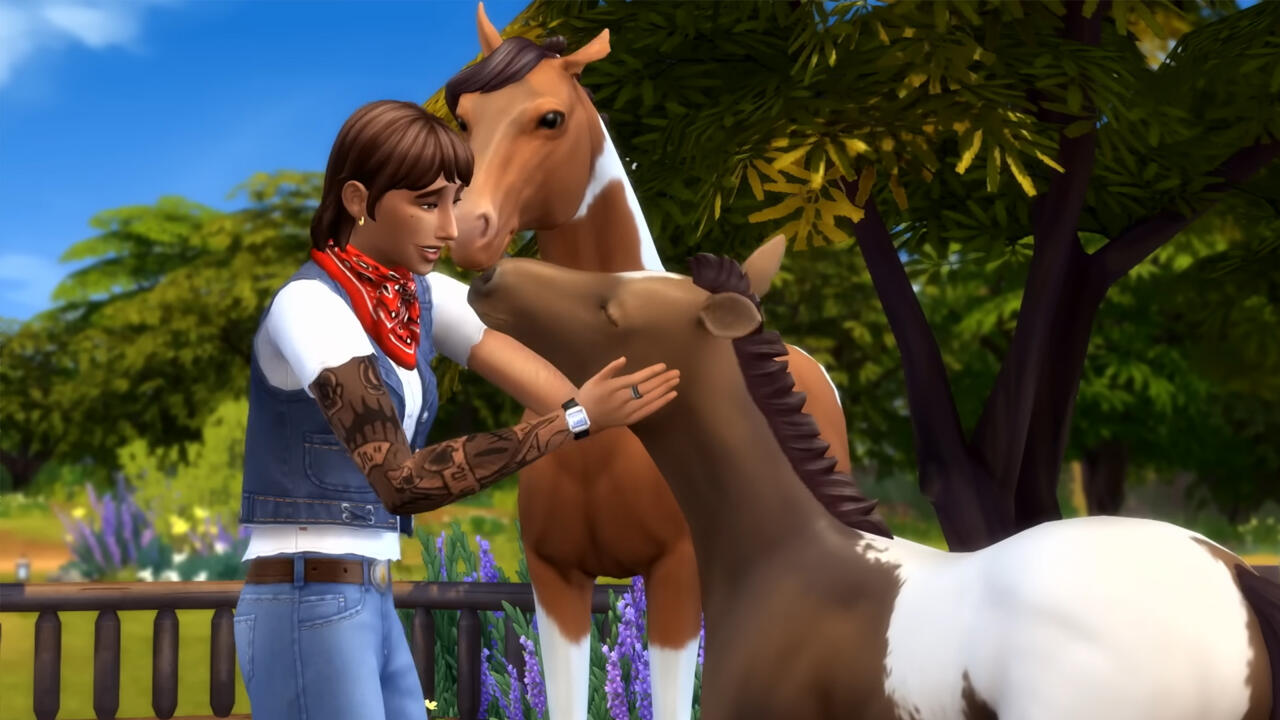 A sim cares for their horses in The Sims 4 Horse Ranch.