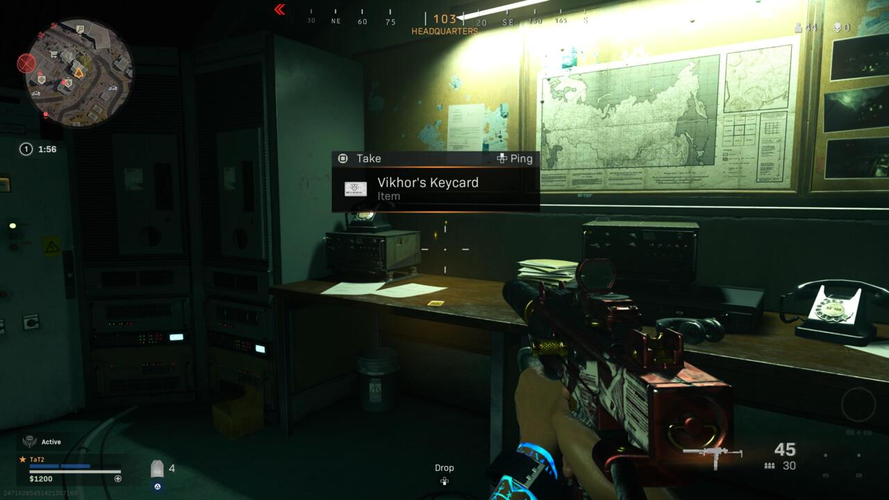 Vikhor's keycard downstairs in Headquarters building