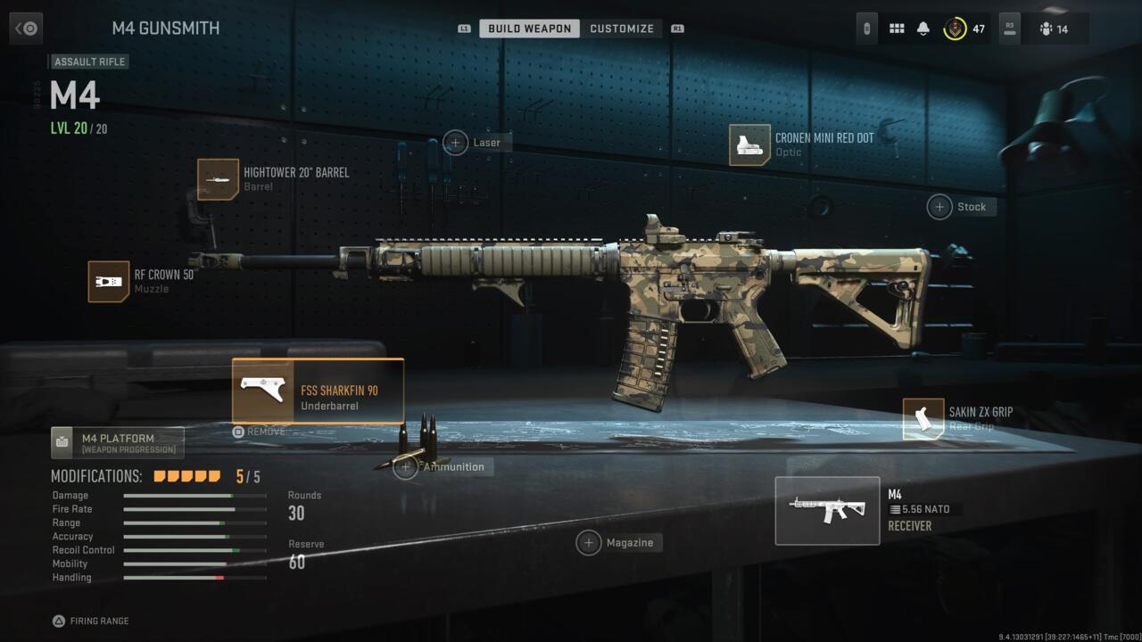 Fully-leveled M4 assault rifle with recommended attachments
