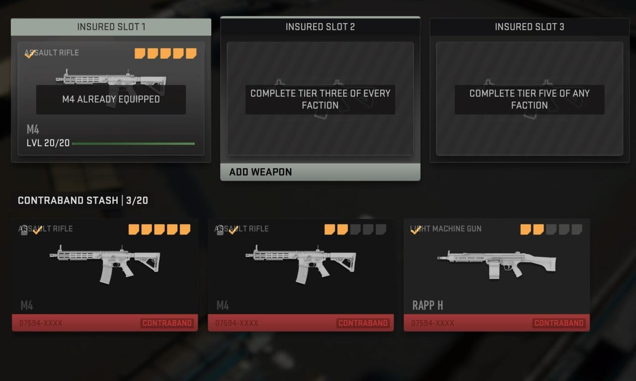 DMZ's insured weapon blueprints and Contraband weapon types