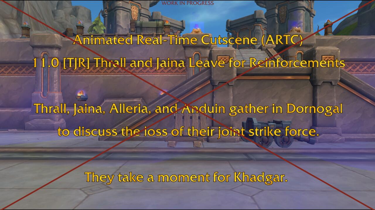 A cutscene placeholder sees Thrall and Jaina mourning the loss of their task force, and their friend Khadgar.