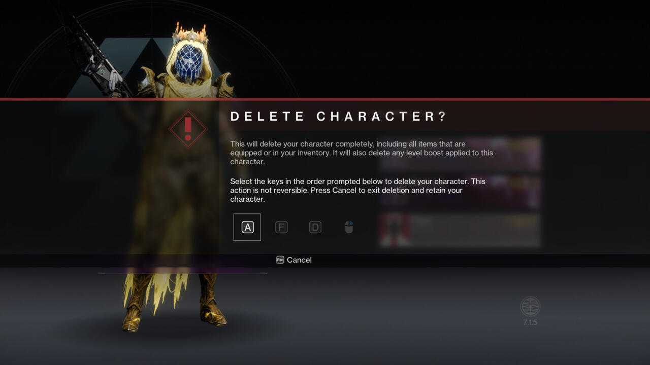 نمونه ای از صفحه حذف کاراکتر در Destiny 2.