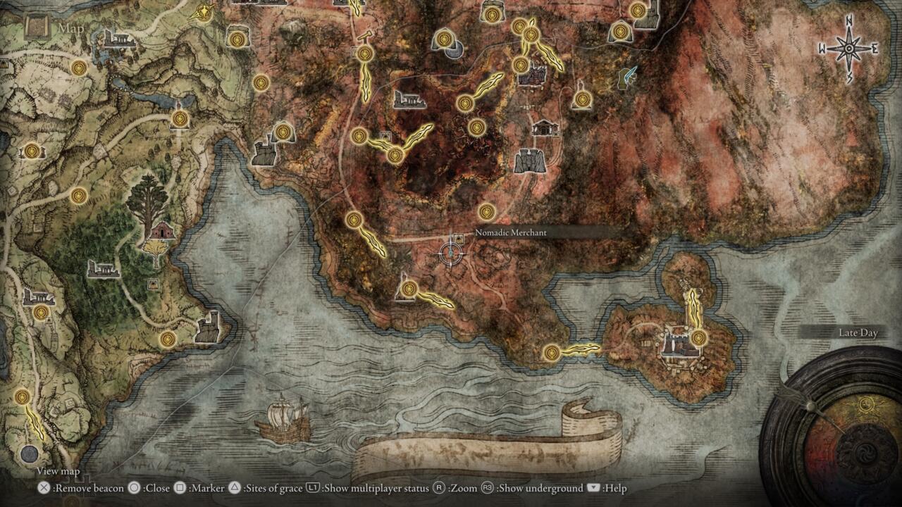 The Caelid map is located under a placard near the Nomadic Merchant.