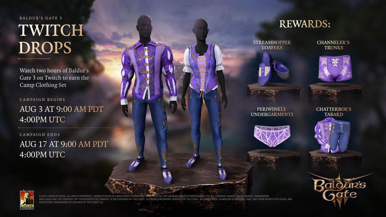 The Camp Clothing set includes two sets of colorful undergarments, along with other fashionable purple cosmetics.