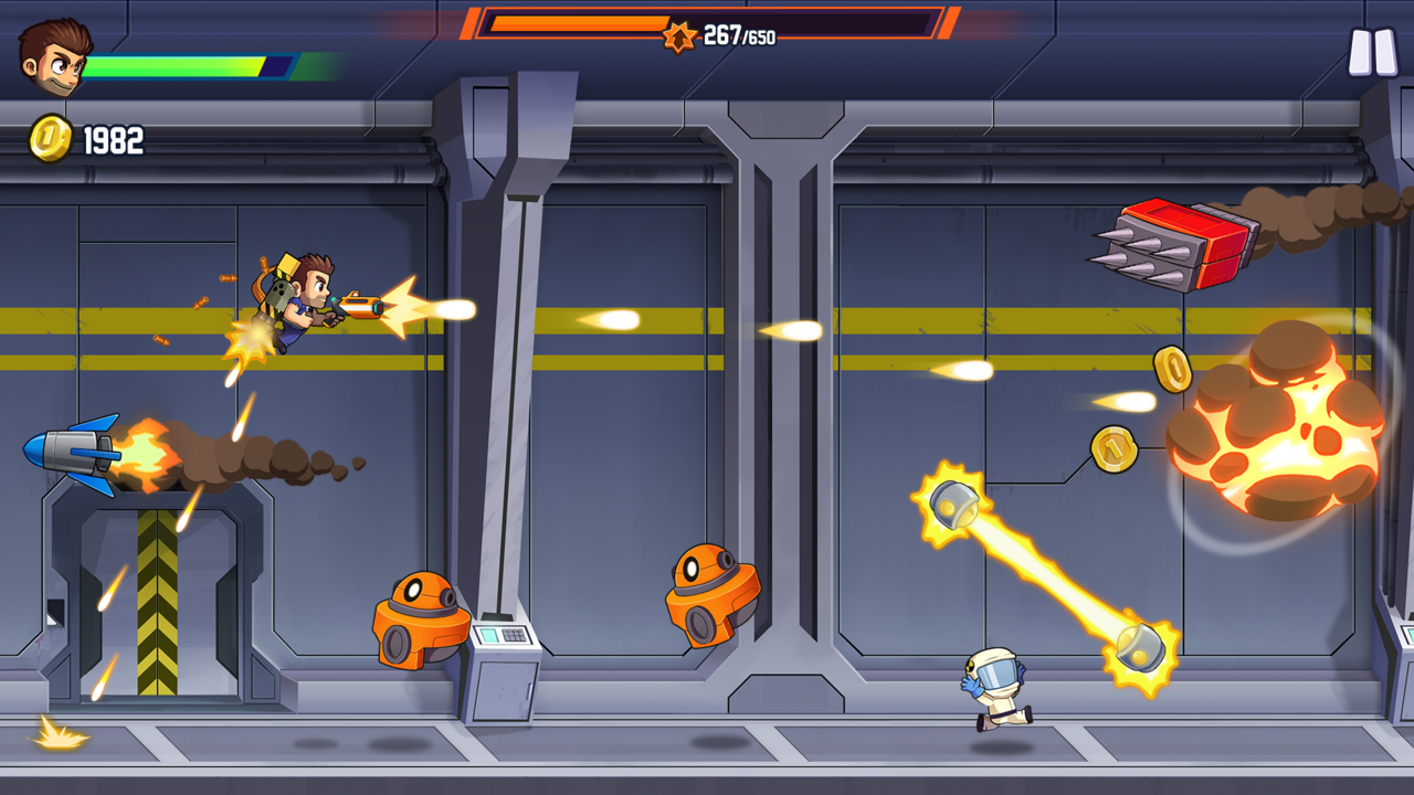 Barry Steakfries has fired weapons in other Halfbrick games he plays in, but never in Jetpack Joyride.