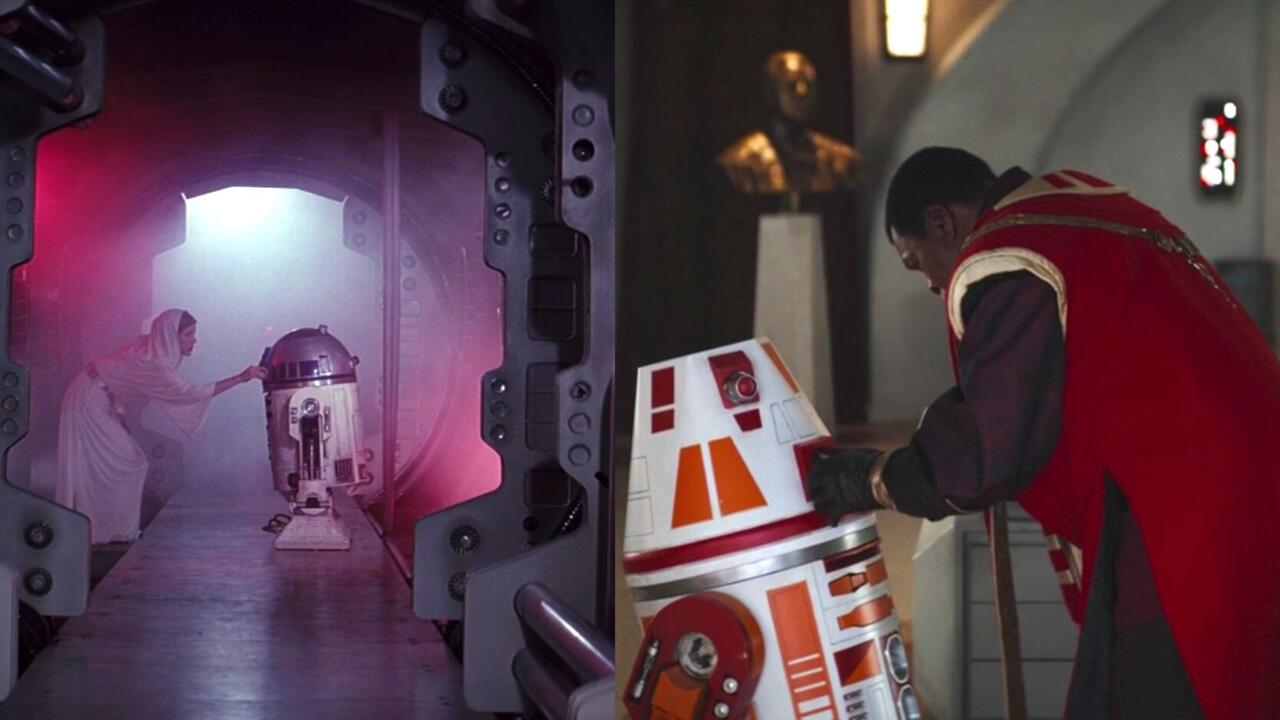 1. Greef Karga loads up an astromech droid with a distress message like Princess Leia did