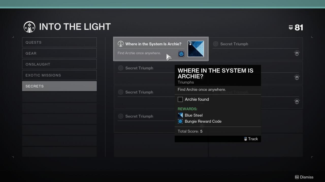 The triumph is in the Secrets tab under the Into the Light category.