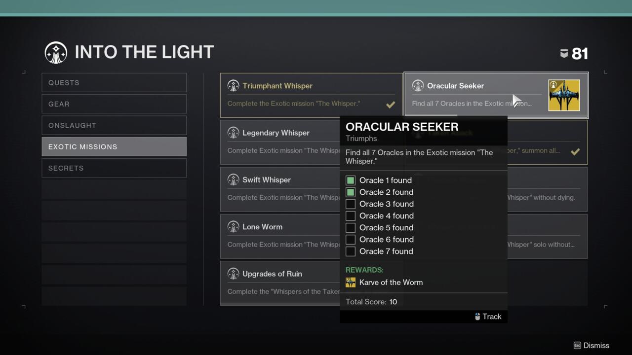 The triumph can be found in the Exotic Missions tab of the Into the Light category.