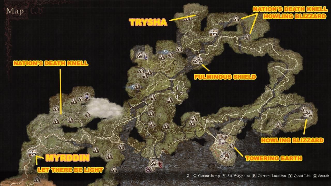 Locations of Trysha, Myrddin, and the grimoires