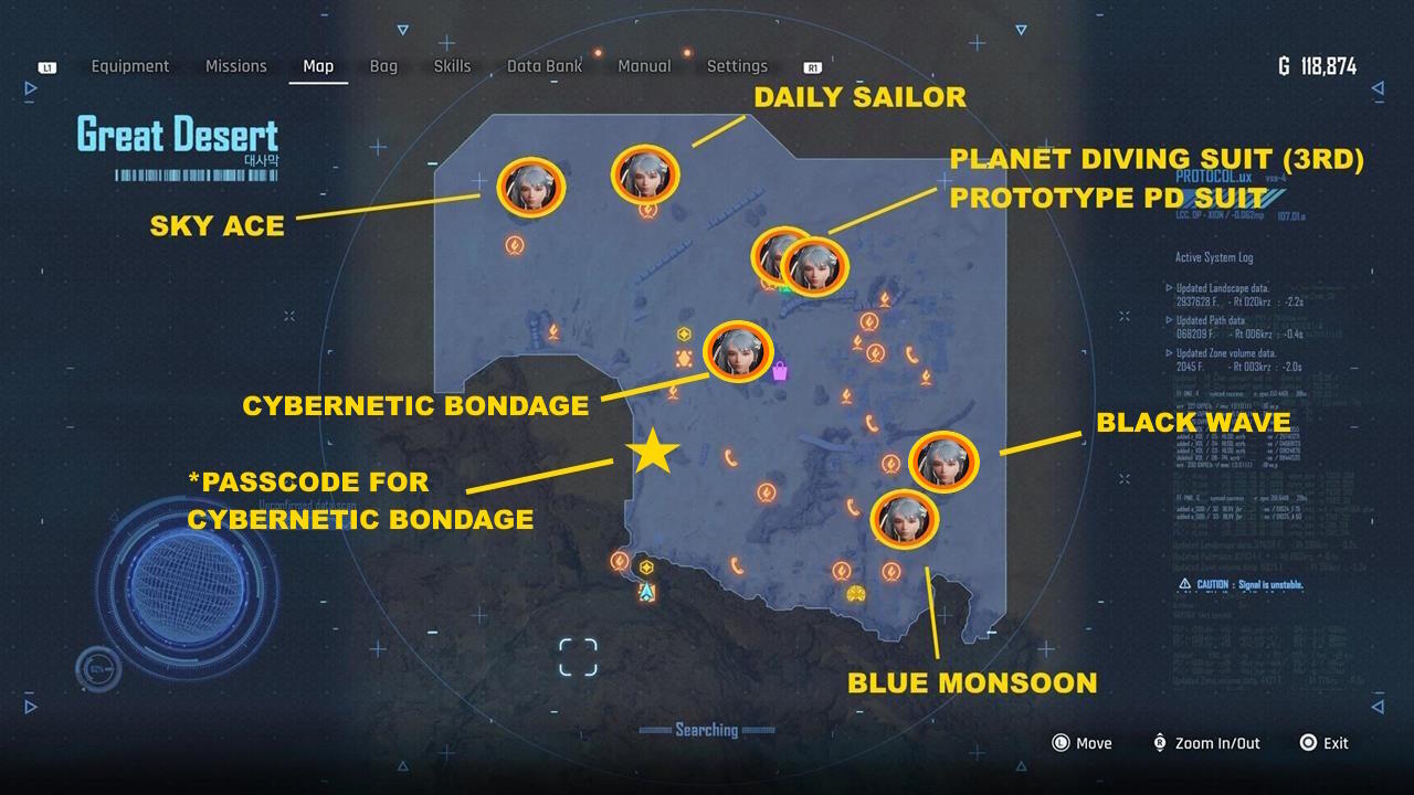 Great Desert map: Eve's outfits and nano suits