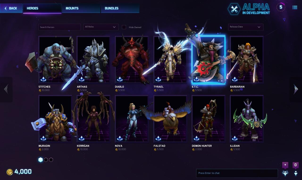 The roster features characters from the Warcraft, Starcraft, and Diablo universes.