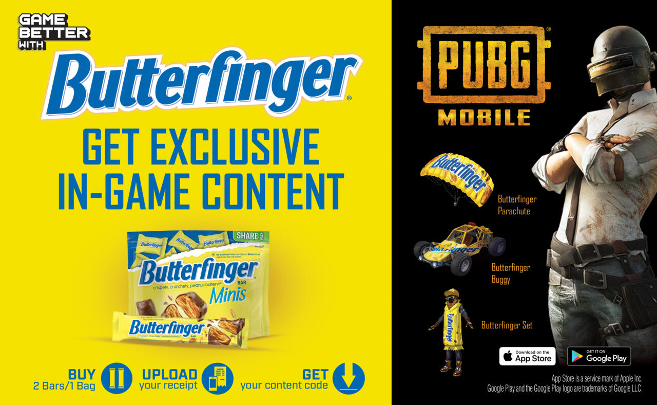 Three Butterfinger-themed cosmetics are up for grabs in PUBG Mobile starting today.