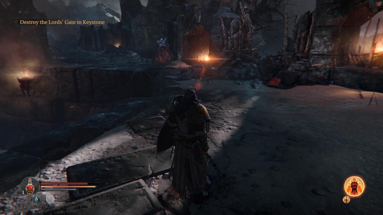 This is a screen shot of an open area. There are four problem areas, the torch sconce on the right, the torch sconce to the left on the wall, the floor slab next to the health bar and the mountains in the top left.