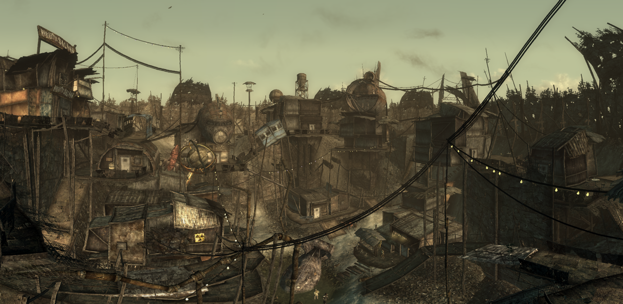 so very, very brown, but there's some interesting detail within megaton's cobbled together wooden architecture