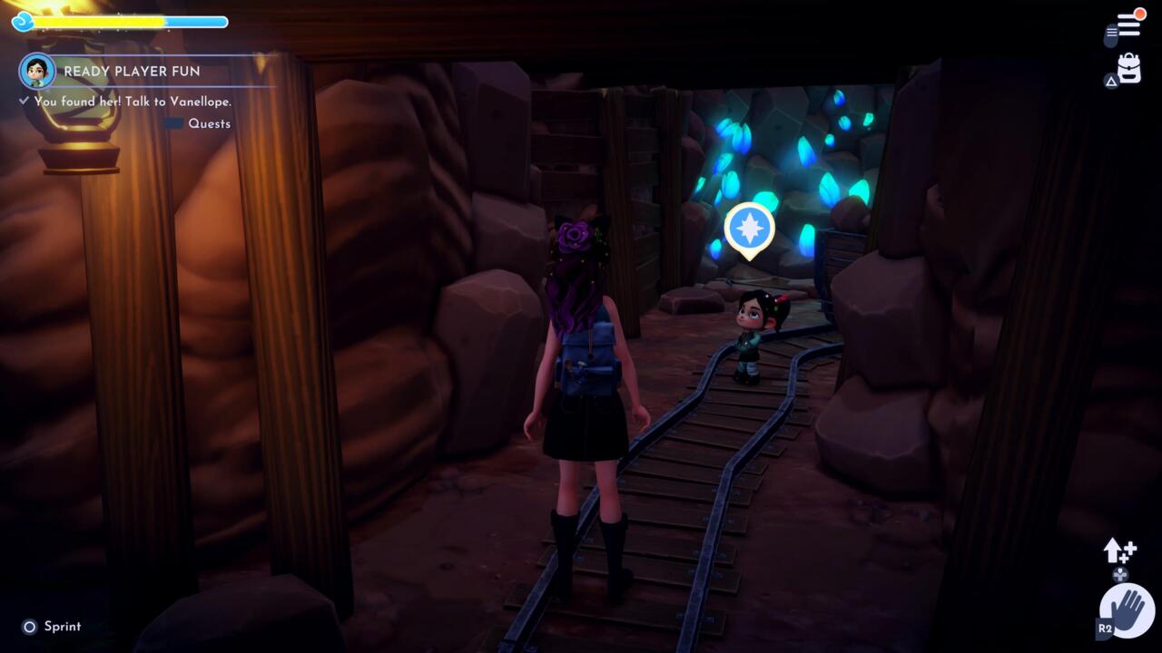 Vanellope is hiding behind some mine carts about halfway through the Vitalys Mines.